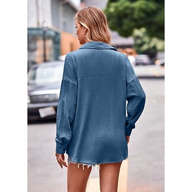 Women Slouchy Lightweight Long Sleeve Button Down Shirt Collared Shirt with Pocket Top