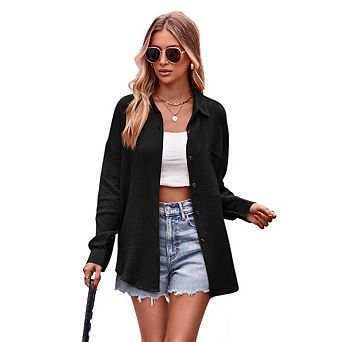 Women Slouchy Lightweight Long Sleeve Button Down Shirt Collared Shirt with Pocket Top