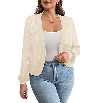 Womens Plus Size Lightweight Cardigan Sweater Open Front Long Sleeve Knitted Cropped Shrug