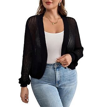 Womens Plus Size Lightweight Cardigan Sweater Open Front Long Sleeve Knitted Cropped Shrug