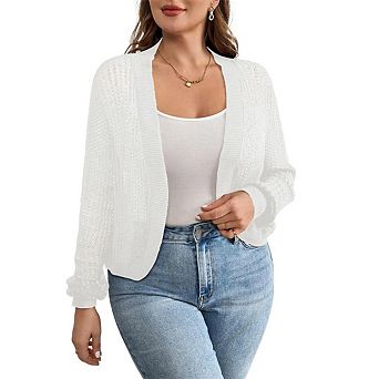Womens Plus Size Lightweight Cardigan Sweater Open Front Long Sleeve Knitted Cropped Shrug