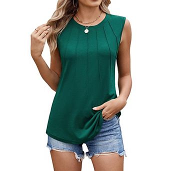 Womens Tank Tops Pleated Crewneck T Shirts Loose Fitted Basic Casual Flowy Sleeveless Vest