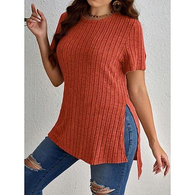 Women's Plus Size Round Neck Short Sleeve T-Shirt Summer Side Slit Textured Top