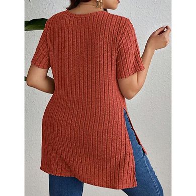 Women's Plus Size Round Neck Short Sleeve T-Shirt Summer Side Slit Textured Top