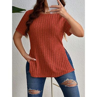 Women's Plus Size Round Neck Short Sleeve T-Shirt Summer Side Slit Textured Top
