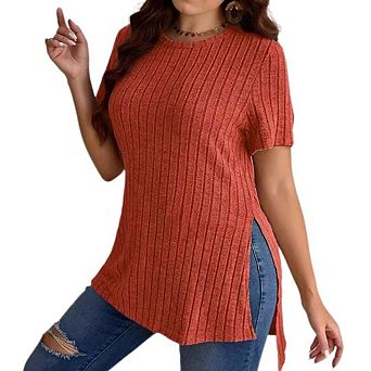 Women's Plus Size Round Neck Short Sleeve T-Shirt Summer Side Slit Textured Top