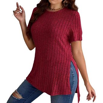Women's Plus Size Round Neck Short Sleeve T-Shirt Summer Side Slit Textured Top