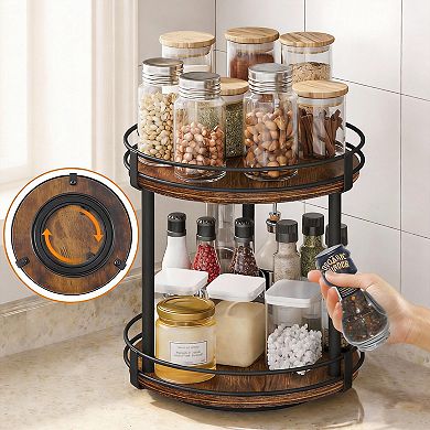 Rotating Spice Rack 2 Tier Lazy Susan Organizer Wood Turntable