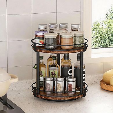 Rotating Spice Rack 2 Tier Lazy Susan Organizer Wood Turntable
