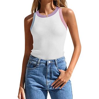 Womens Summer Sleeveless Tank Tops Ribbed Crew Neck Slim Fitted Color Block Casual Shirts