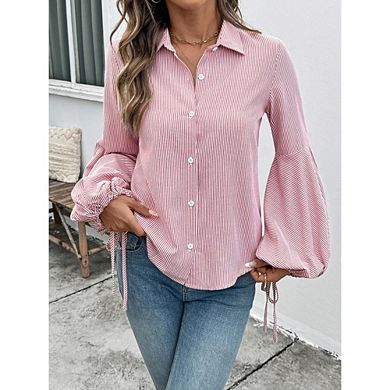 Women's Striped Button Down Shirts Long Sleeves Slim Blouses Collared Work No Pockets Tops
