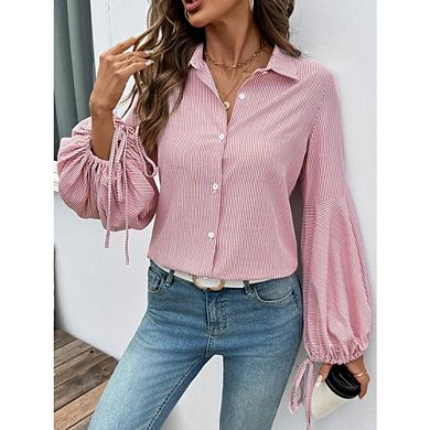 Women's Striped Button Down Shirts Long Sleeves Slim Blouses Collared Work No Pockets Tops