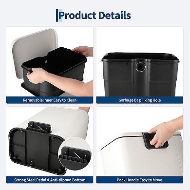 Slim Rectangular Step Trash Can with Soft-Close Lid & Removable Inner Bucket, Kitchen & Home Office