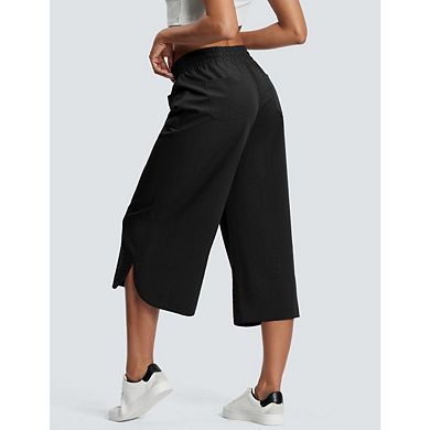 Women's Pants Wide Leg with Drawstring Elastic Waist Solid Color Casual Cropped Pant