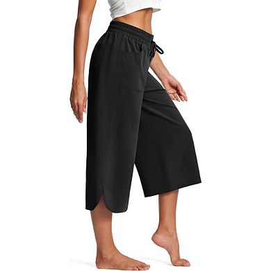 Women's Pants Wide Leg with Drawstring Elastic Waist Solid Color Casual Cropped Pant