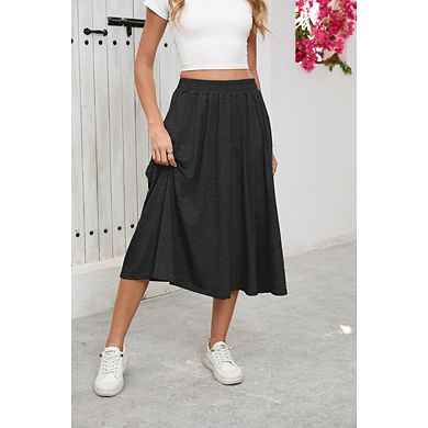 Women's Midi Length A Line Swing Flowy Skirt High Waisted with Pockets