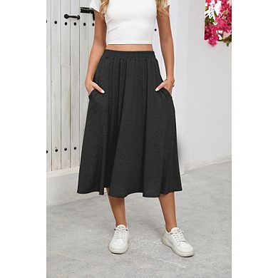 Women's Midi Length A Line Swing Flowy Skirt High Waisted with Pockets