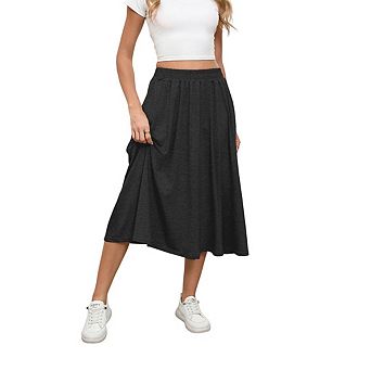 Women's Midi Length A Line Swing Flowy Skirt High Waisted with Pockets