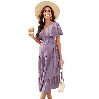 Women Maternity V Neck Short Sleeve Smocked Ruffle Tiered Pleated Midi Dress Photoshoot Baby Shower