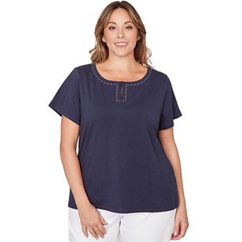 Hearts of Palm Plus Size Smooth Sailing Solid Short Sleeve Top With Kissing Keyhole Neckline