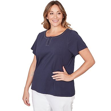 Hearts of Palm Plus Size Smooth Sailing Solid Short Sleeve Top With Kissing Keyhole Neckline