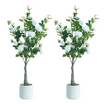 2Pack Artificial Rose Flower Trees,4ft Faux Rose Tree with Green Leaves for Living Room Office Home