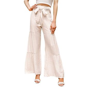 Women's Wide Leg High Waist Pants Smocked Elastic Waist Loose Flowy Pant With Belt