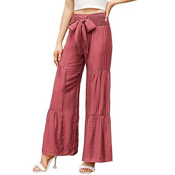 Women's Wide Leg High Waist Pants Smocked Elastic Waist Loose Flowy Pant With Belt