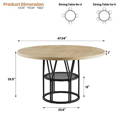 Round Dining Table with Storage Shelf and Metal Base for Kitchen and Dining Room