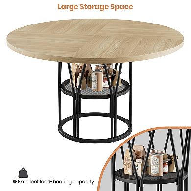 Round Dining Table with Storage Shelf and Metal Base for Kitchen and Dining Room