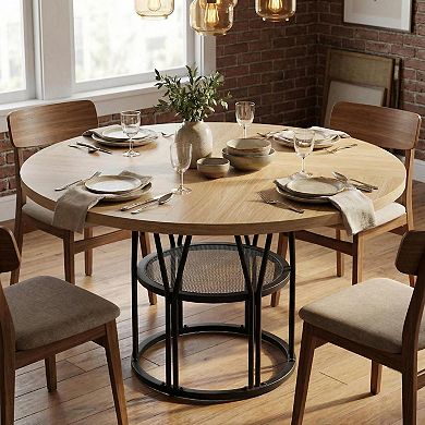 Round Dining Table with Storage Shelf and Metal Base for Kitchen and Dining Room