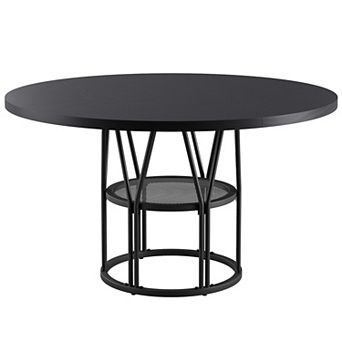 Round Dining Table with Storage Shelf and Metal Base for Kitchen and Dining Room