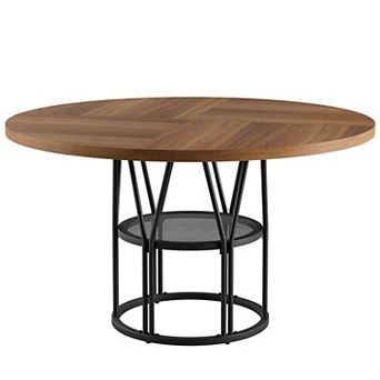 Round Dining Table with Storage Shelf and Metal Base for Kitchen and Dining Room