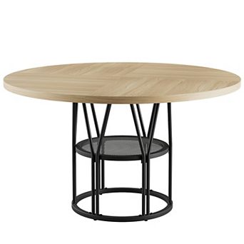 Round Dining Table with Storage Shelf and Metal Base for Kitchen and Dining Room