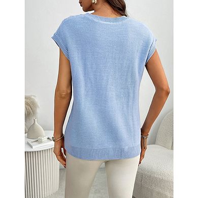 Womens Sweater Vest V Neck Casual Cap Sleeve Shirts Loose Comfy Soft Cable Knit Pullover Tops