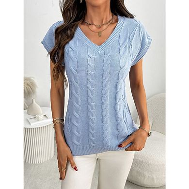Womens Sweater Vest V Neck Casual Cap Sleeve Shirts Loose Comfy Soft Cable Knit Pullover Tops