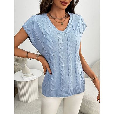 Womens Sweater Vest V Neck Casual Cap Sleeve Shirts Loose Comfy Soft Cable Knit Pullover Tops