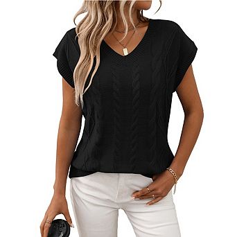 Womens Sweater Vest V Neck Casual Cap Sleeve Shirts Loose Comfy Soft Cable Knit Pullover Tops