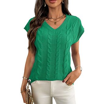 Womens Sweater Vest V Neck Casual Cap Sleeve Shirts Loose Comfy Soft Cable Knit Pullover Tops