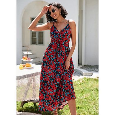 Women's Floral Tie Front Spaghetti Strap Casual Boho Beach Flowy Maxi Dress