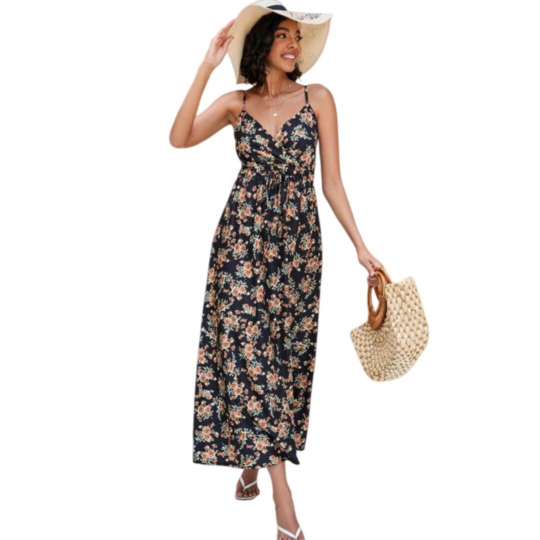 Женские платья Floral Tie Front Spaghetti Strap Casual Boho Beach Flowy Maxi Dress