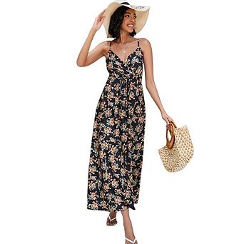 Women's Floral Tie Front Spaghetti Strap Casual Boho Beach Flowy Maxi Dress
