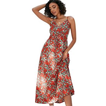 Women's Floral Tie Front Spaghetti Strap Casual Boho Beach Flowy Maxi Dress