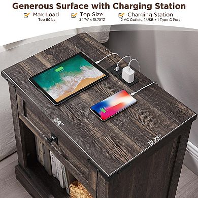 24" Farmhouse Nightstand Charging Station Drawer Open Storage Rustic Wood