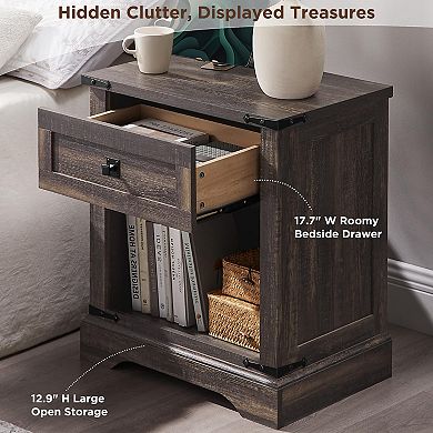 24" Farmhouse Nightstand Charging Station Drawer Open Storage Rustic Wood