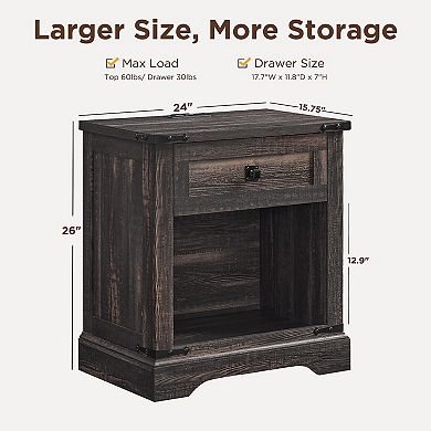24" Farmhouse Nightstand Charging Station Drawer Open Storage Rustic Wood