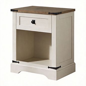 24" Farmhouse Nightstand Charging Station Drawer Open Storage Rustic Wood