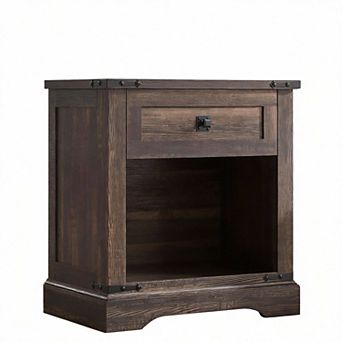 24" Farmhouse Nightstand Charging Station Drawer Open Storage Rustic Wood