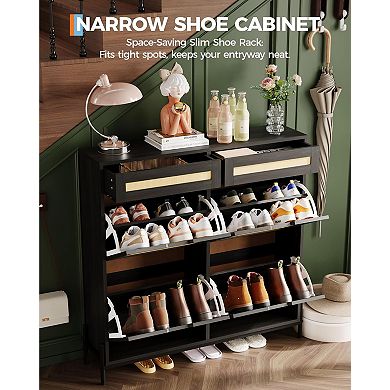 ANIXOL Shoe Cabinet with 4 Flip Doors, 2 Drawers & Rattan Front