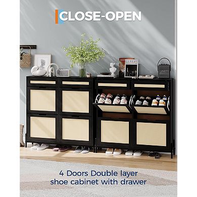 ANIXOL Shoe Cabinet with 4 Flip Doors, 2 Drawers & Rattan Front